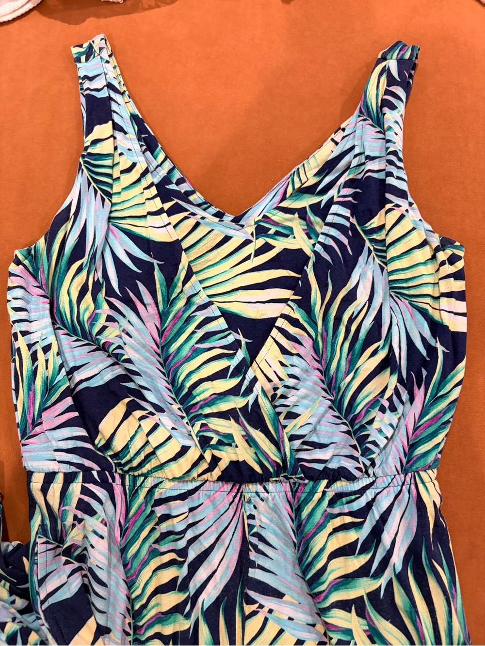 Tommy Bahama Navy Tropical Leaf Mock V-Neck Romper